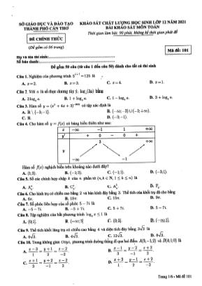 Đề khảo sát chất lượng môn Toán Lớp 12 - Năm học 2021 - Sở giáo dục và đào tạo Cần Thơ